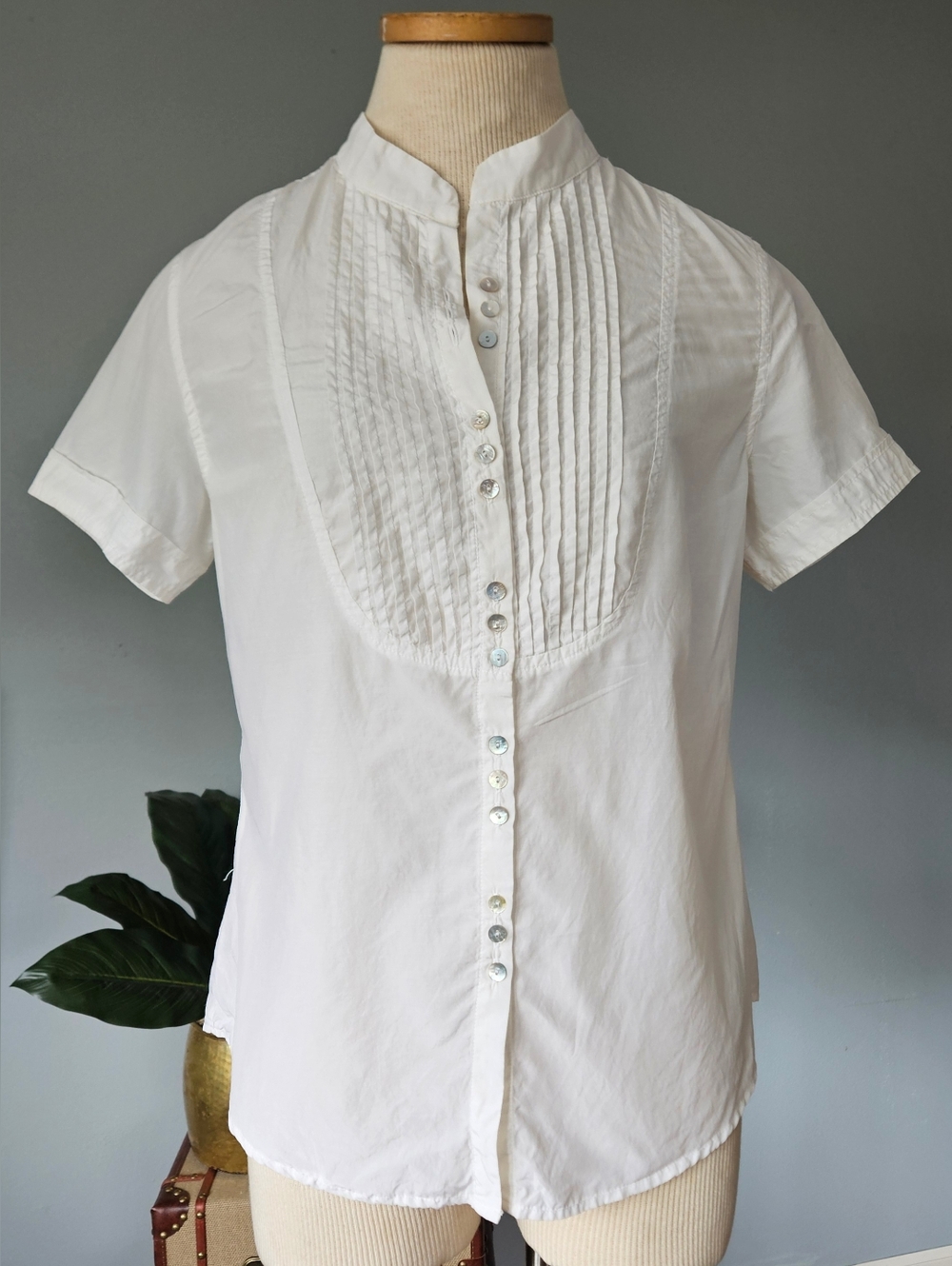 DÂ-NANG Classic tuxedo-inspired pintuck front Silk & Cotton Ivory Color Blouse!